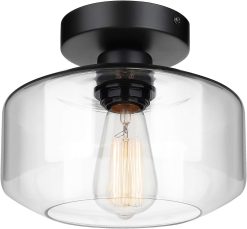 Industrial Semi Flush Ceiling Light with Clear Glass Shade – Farmhouse Pendant Fixture