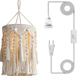 Handmade Macrame Boho Lamp Shade – Plug-In Hanging Pendant Light